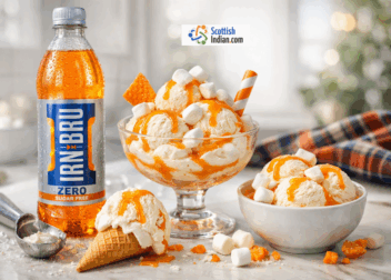 Chilled IRN-BRU Zero bottle beside creamy vanilla ice cream with orange drizzle and marshmallow topping in a bright studio-style setting