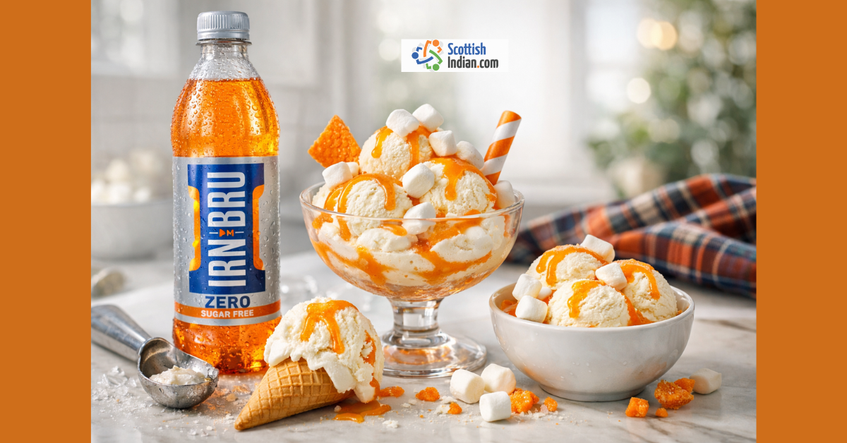 Chilled IRN-BRU Zero bottle beside creamy vanilla ice cream with orange drizzle and marshmallow topping in a bright studio-style setting