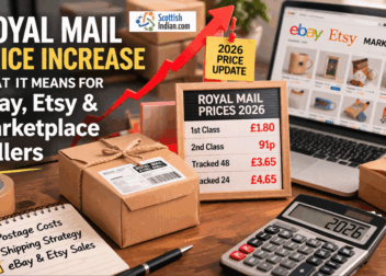 Feature image showing parcels, shipping supplies, Royal Mail pricing, and an online marketplace dashboard representing the impact of postage increases on eBay, Etsy, and marketplace sellers in the UK.
