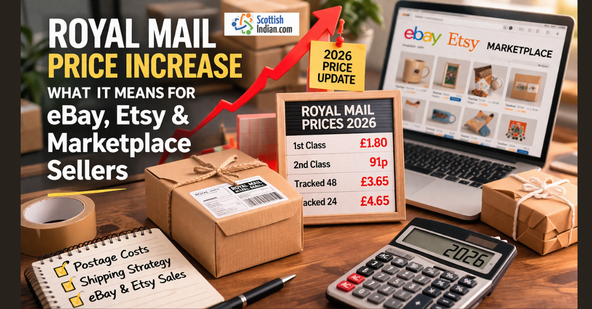 Feature image showing parcels, shipping supplies, Royal Mail pricing, and an online marketplace dashboard representing the impact of postage increases on eBay, Etsy, and marketplace sellers in the UK.