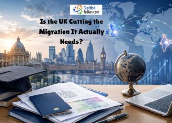 UK skilled migration shown through visa documents, graduation cap, laptop, India-UK connection map and London skyline