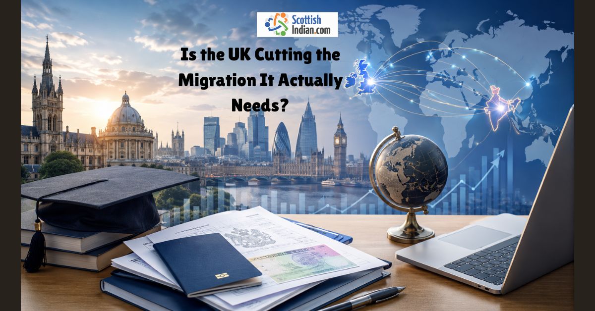 UK skilled migration shown through visa documents, graduation cap, laptop, India-UK connection map and London skyline